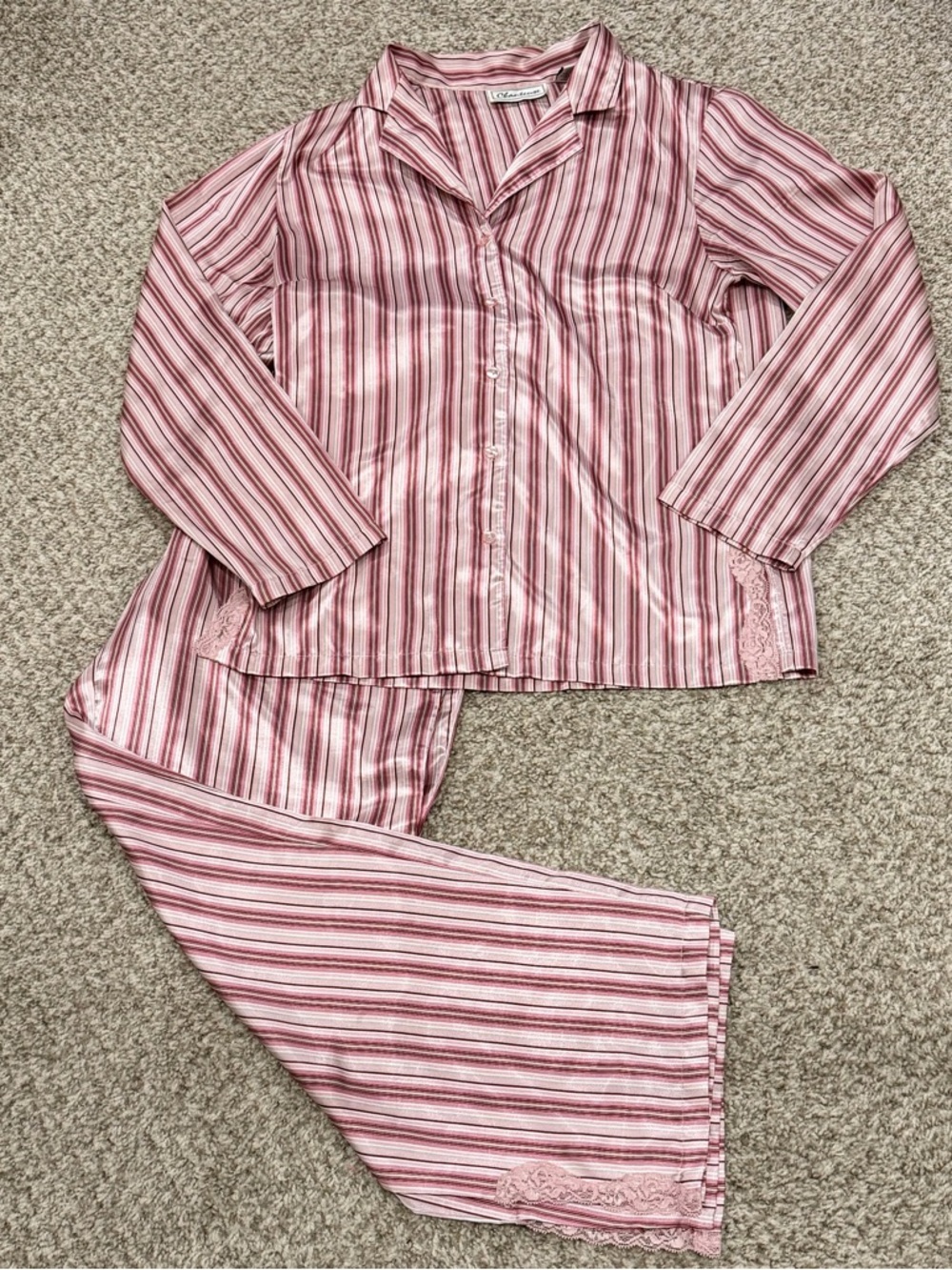 Vintage y2k 2000s pink stripe satin pajama set with lace